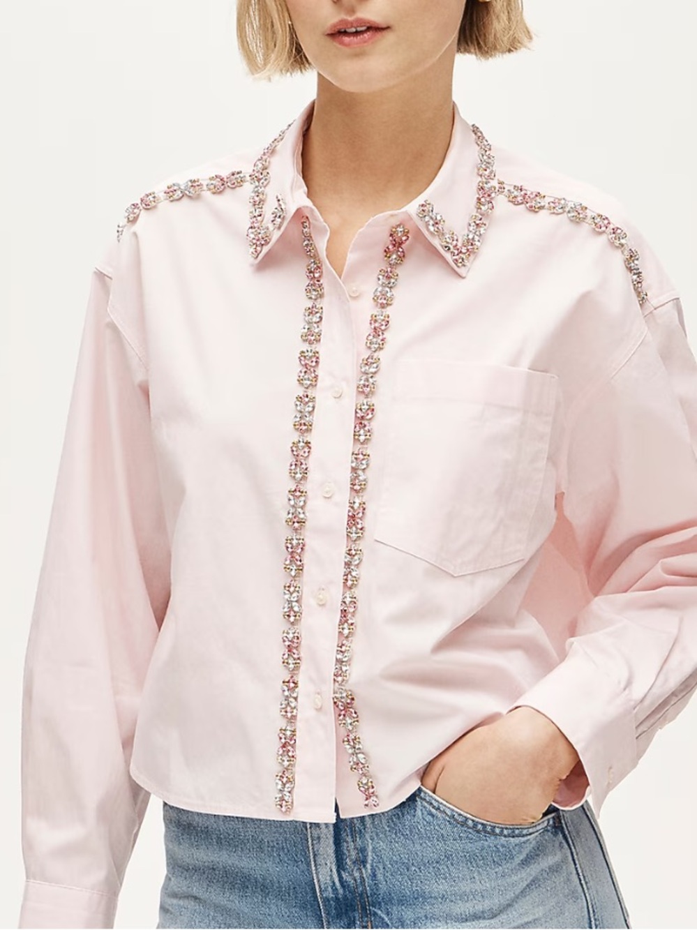 J. Crew Étienne Light Pink Embellished Trim Cropped Shirt - Picture 3 of 3